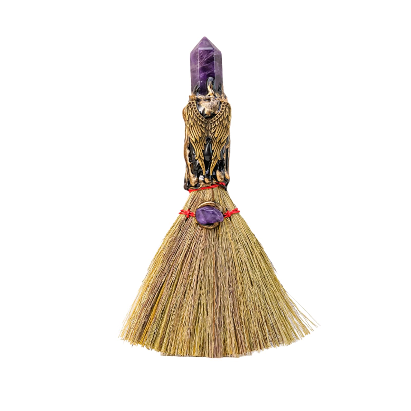 Kutiayta amethyst crystal witch broom with dragon charm on display, calming altar centerpiece.