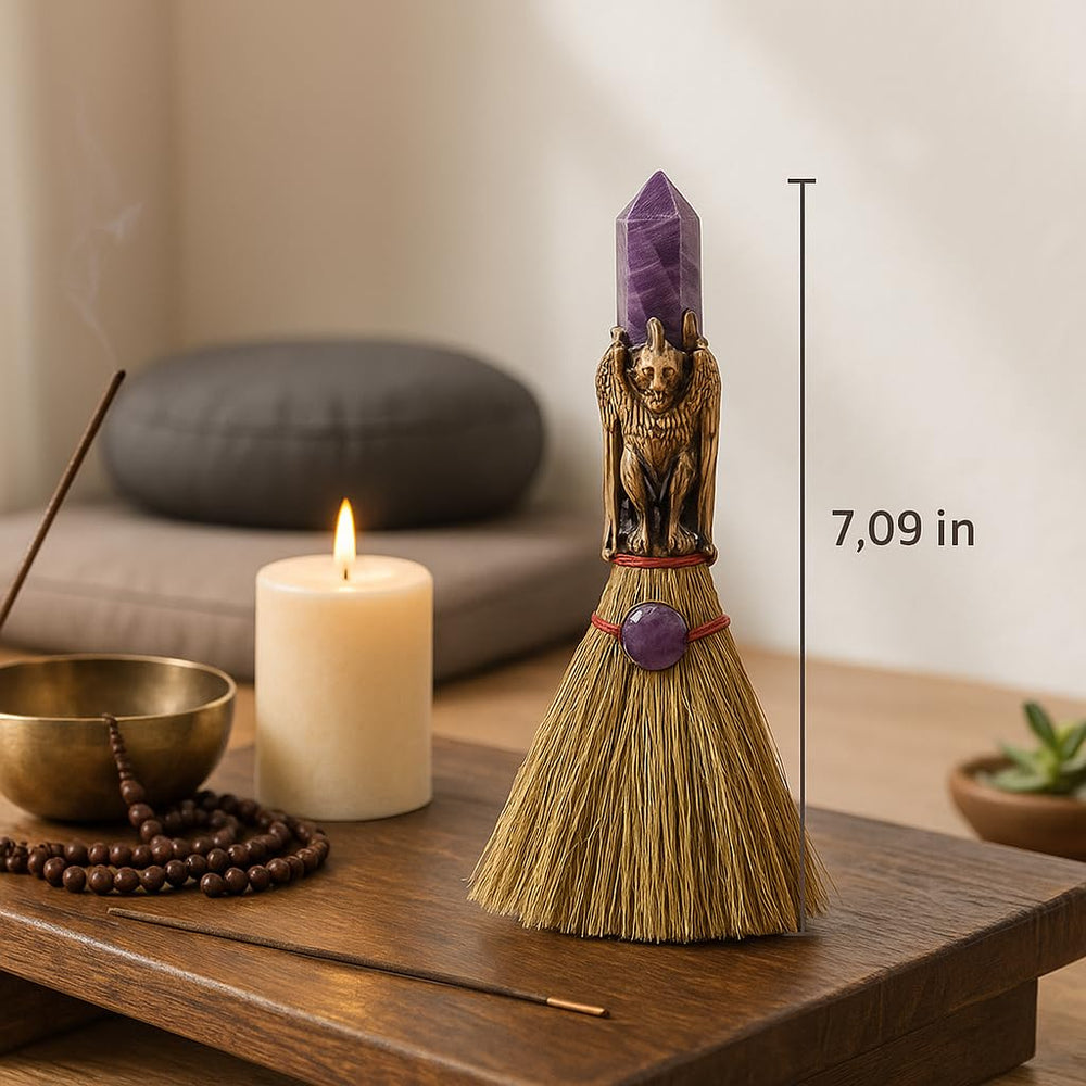 Kutiayta compact broom stands on a desk or shelf for easy access.