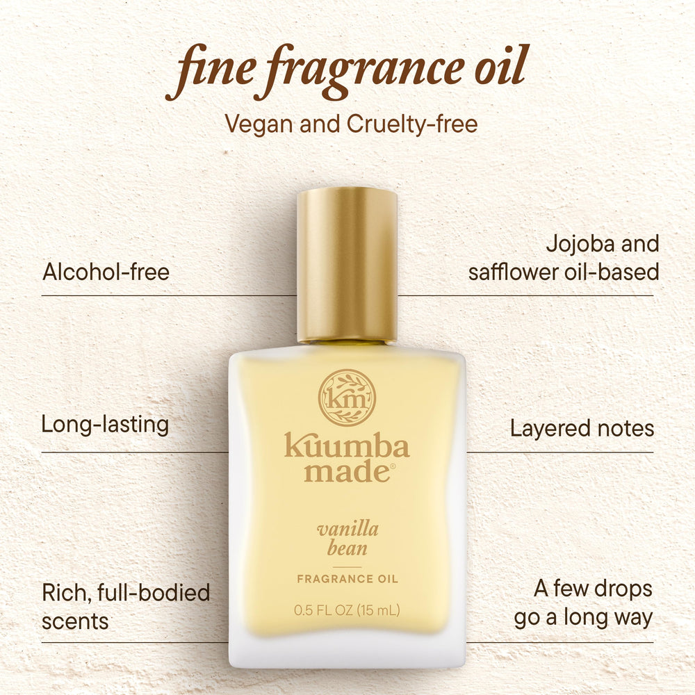 Kuumba Made Vanilla Bean fragrance oil closeup reveals luxurious texture and quality.