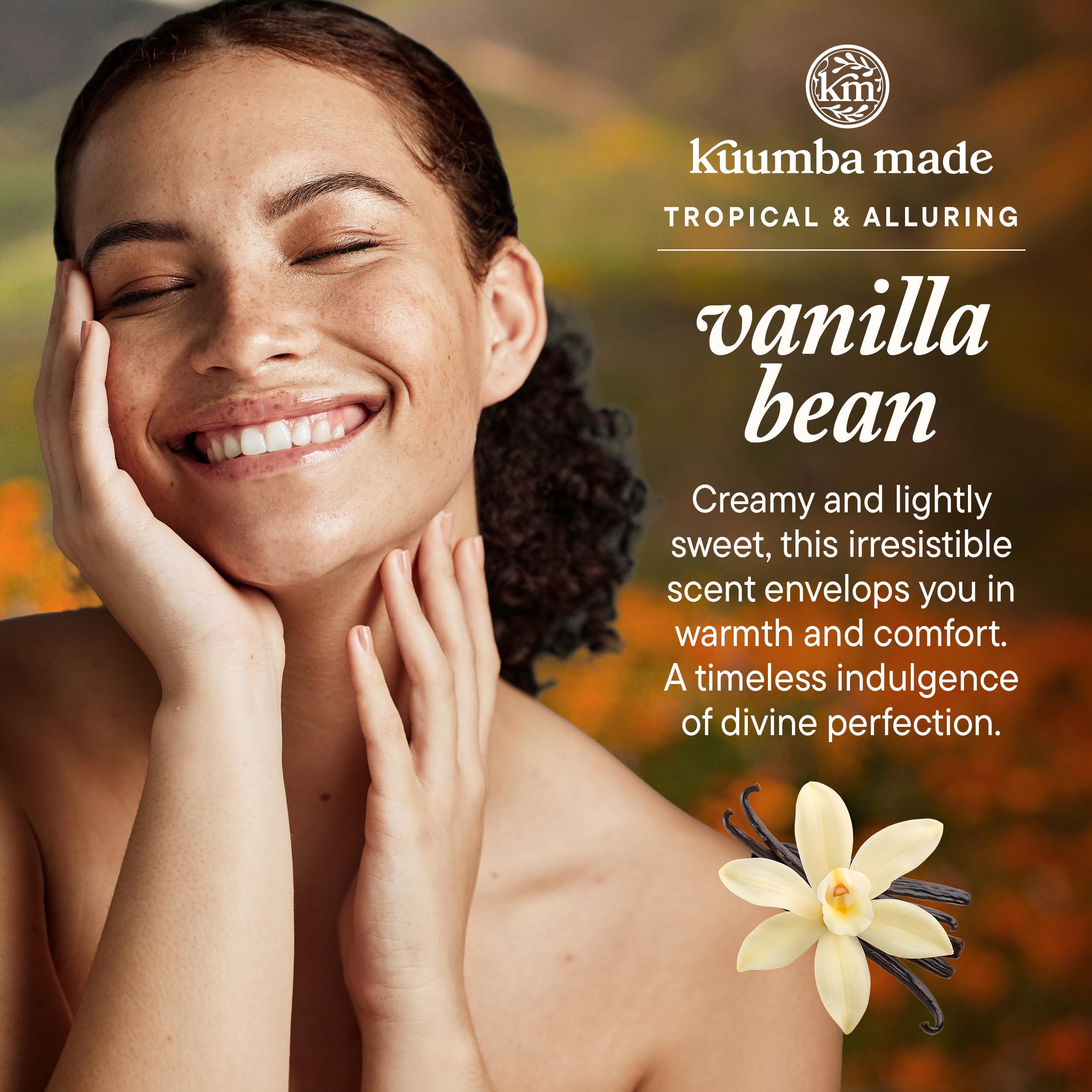 Kuumba Made Vanilla Bean fragrance oil packaging highlights vegan, alcohol-free formula.