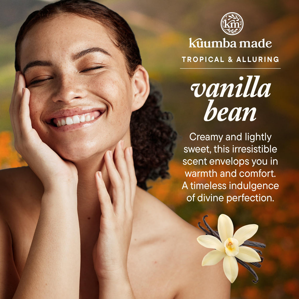 Kuumba Made Vanilla Bean fragrance oil packaging highlights vegan, alcohol-free formula.