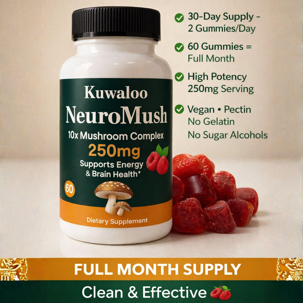 Kuwaloo Neuromush gummies closeup highlighting convenient chew.