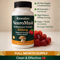 Kuwaloo Neuromush gummies closeup highlighting convenient chew.