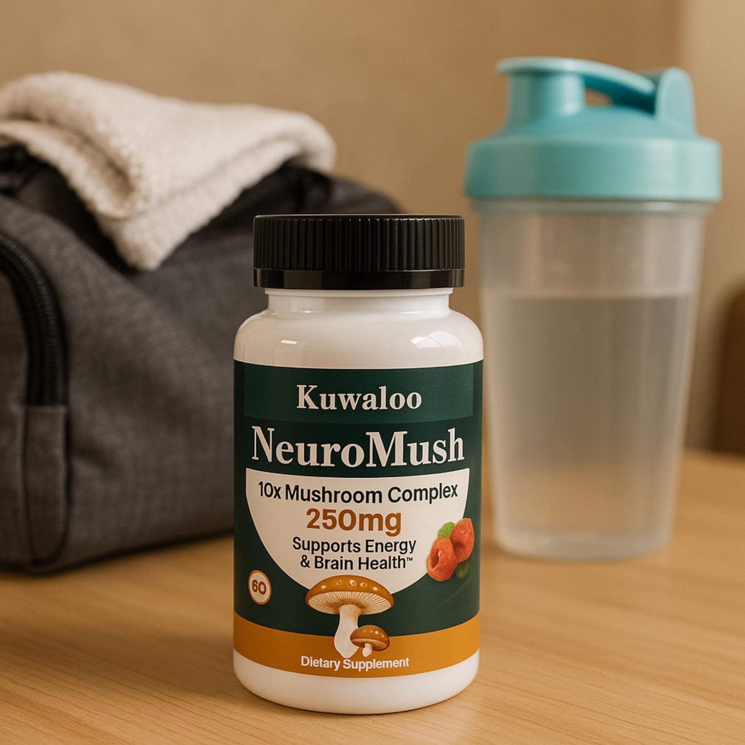 Kuwaloo Vegan mushroom gummies packaging highlights plant-based formula.