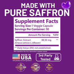 Kwala saffron supplement packaging showing vegan, non-GMO, gluten-free marks