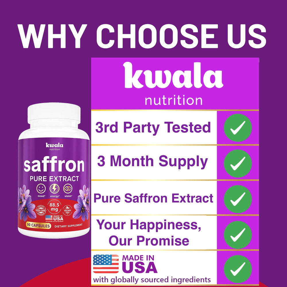Kwala saffron capsules with vegan icon, highlighting plant-based ingredients