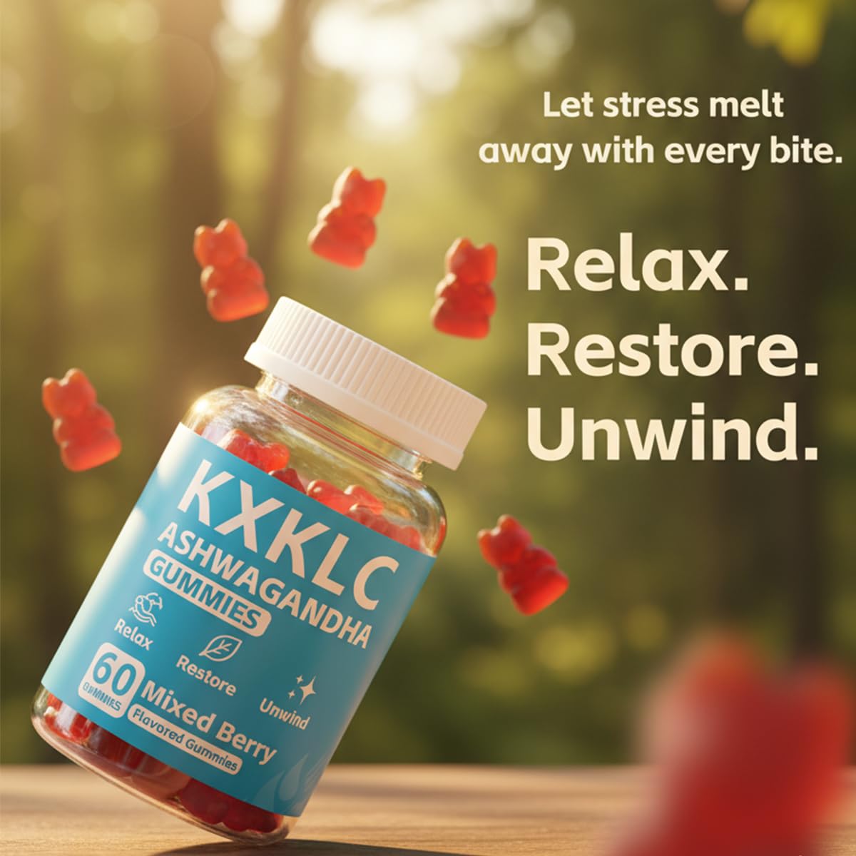 KXKLC Organic Ashwagandha Gummies with mixed berry flavor for daily stress support