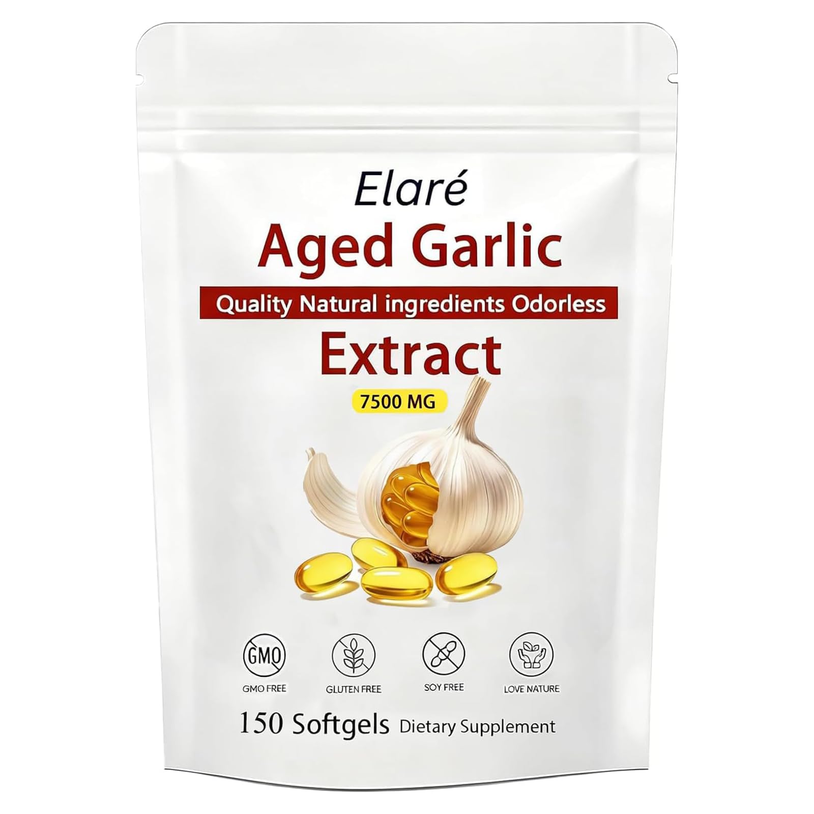 Kymezol Elare aged garlic bottle with odorless capsules for daily support.
