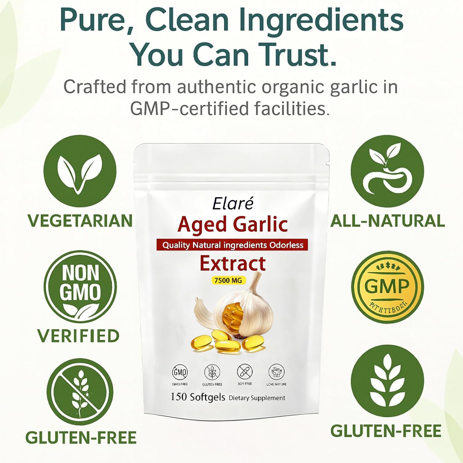 Kymezol Elare softgel label detailing organic, non-GMO formula.