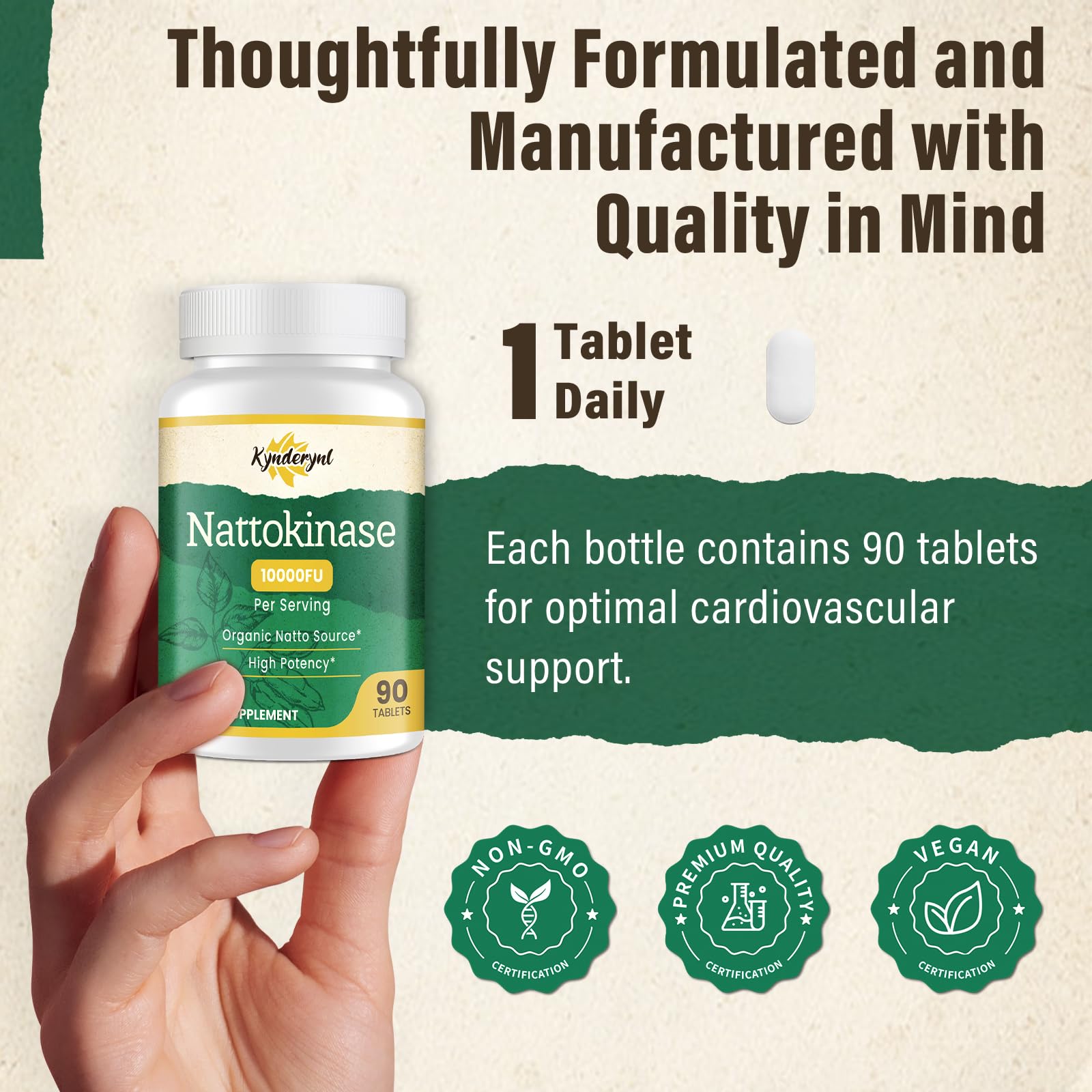 Kynderynl 90-tablet daily dose bottle shown for simple daily use.