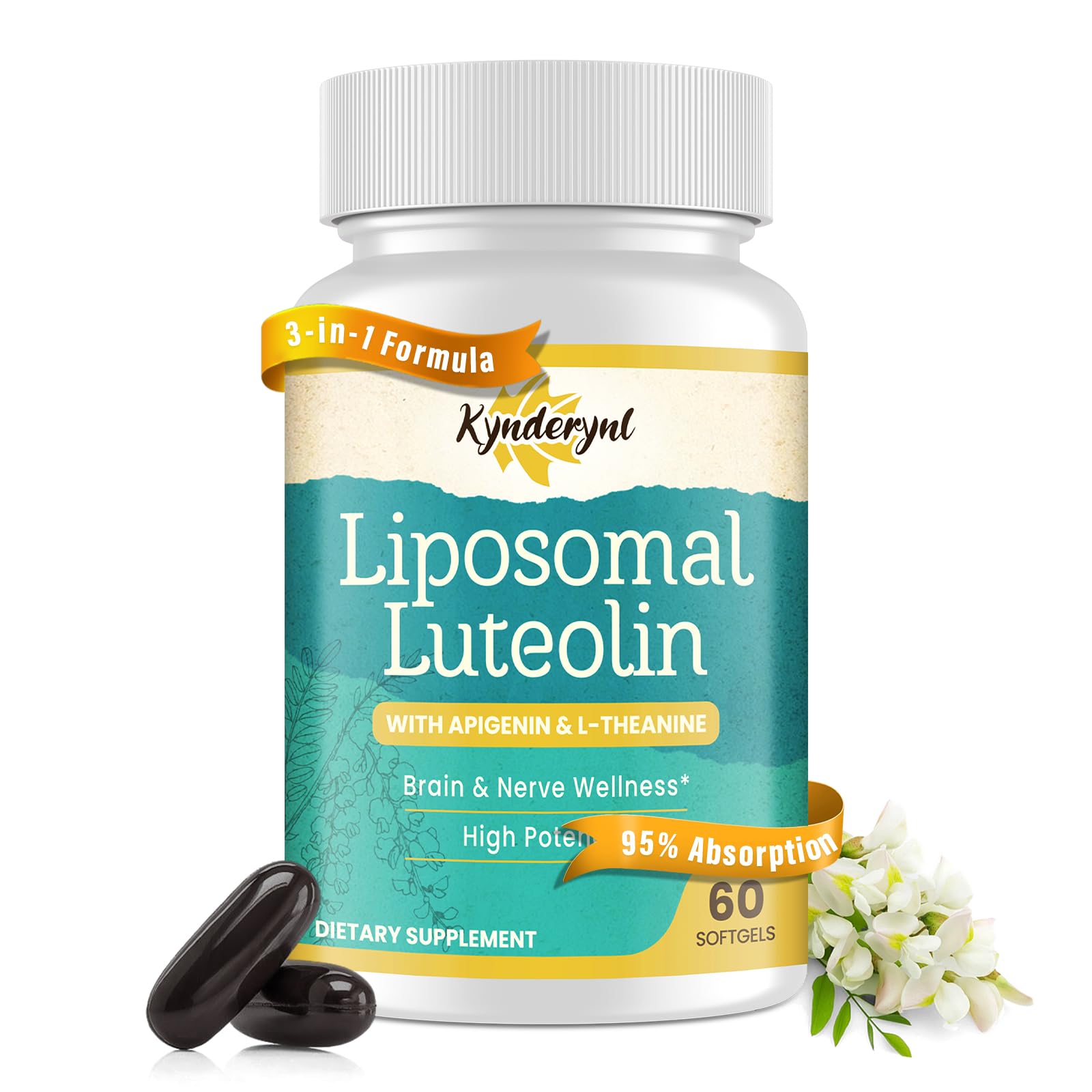 Kynderynl liposomal luteolin 200mg bottle with 60 softgels supports daily focus and clarity.