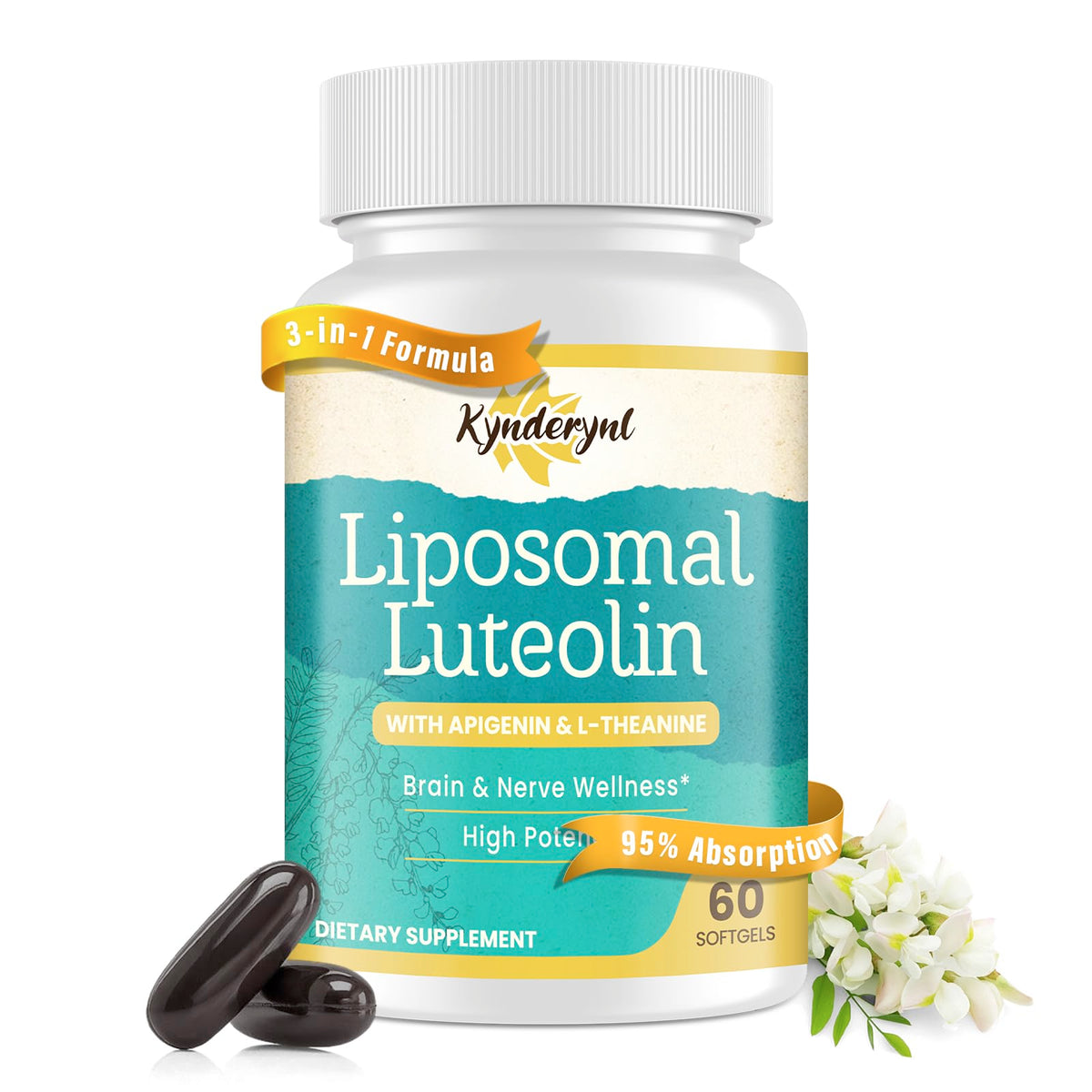 Kynderynl liposomal luteolin 200mg bottle with 60 softgels supports daily focus and clarity.