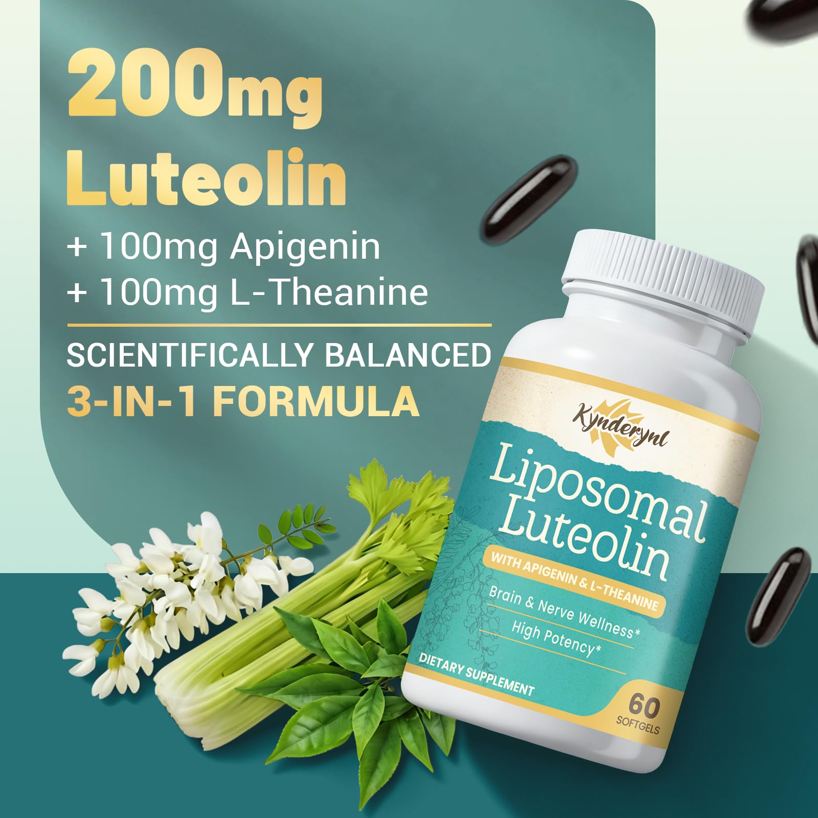 Kynderynl liposomal luteolin softgel close-up highlighting smooth texture for easy daily use.