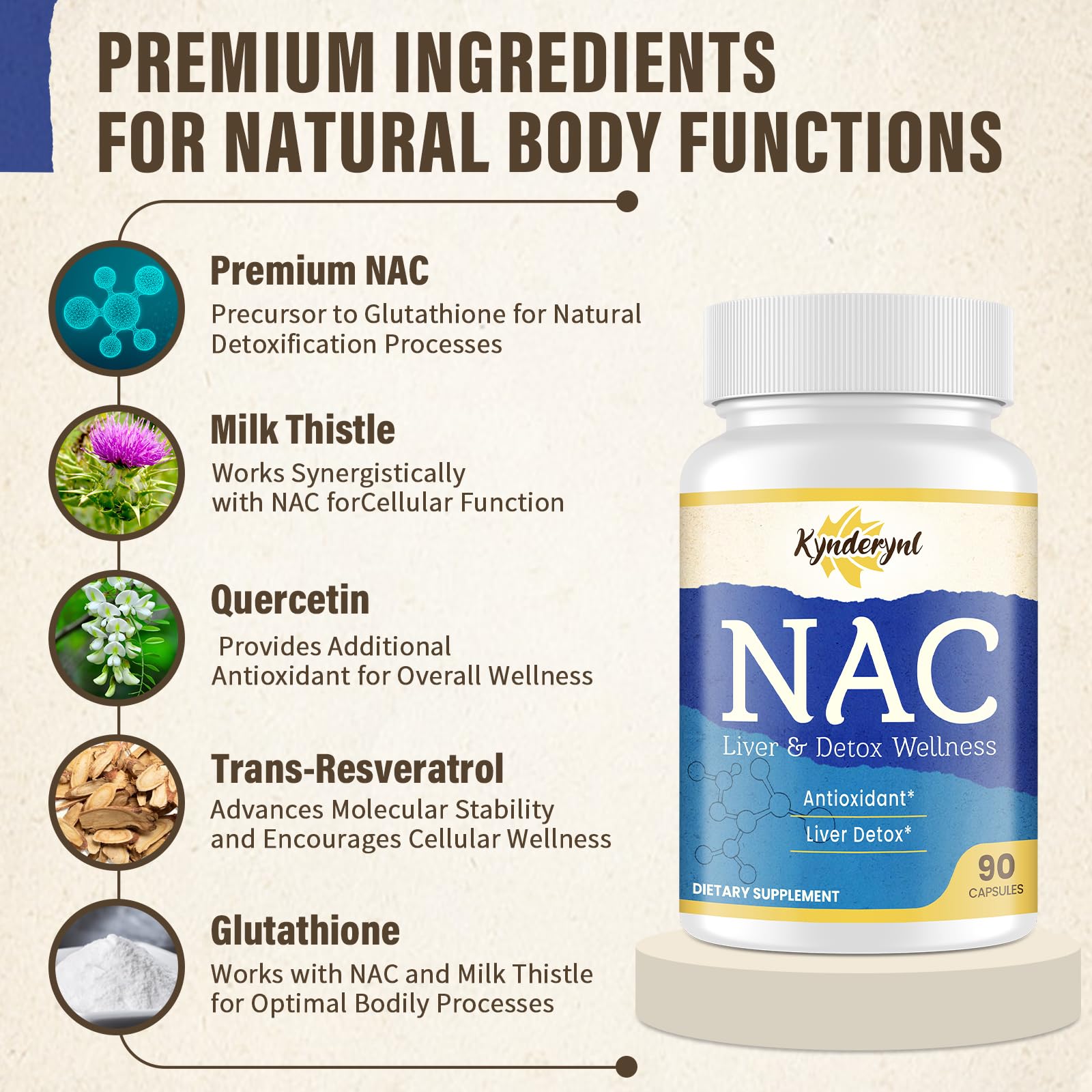 Kynderynl NAC features milk thistle and quercetin ingredients visible.