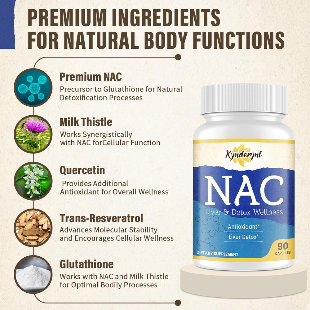 Kynderynl NAC features milk thistle and quercetin ingredients visible.