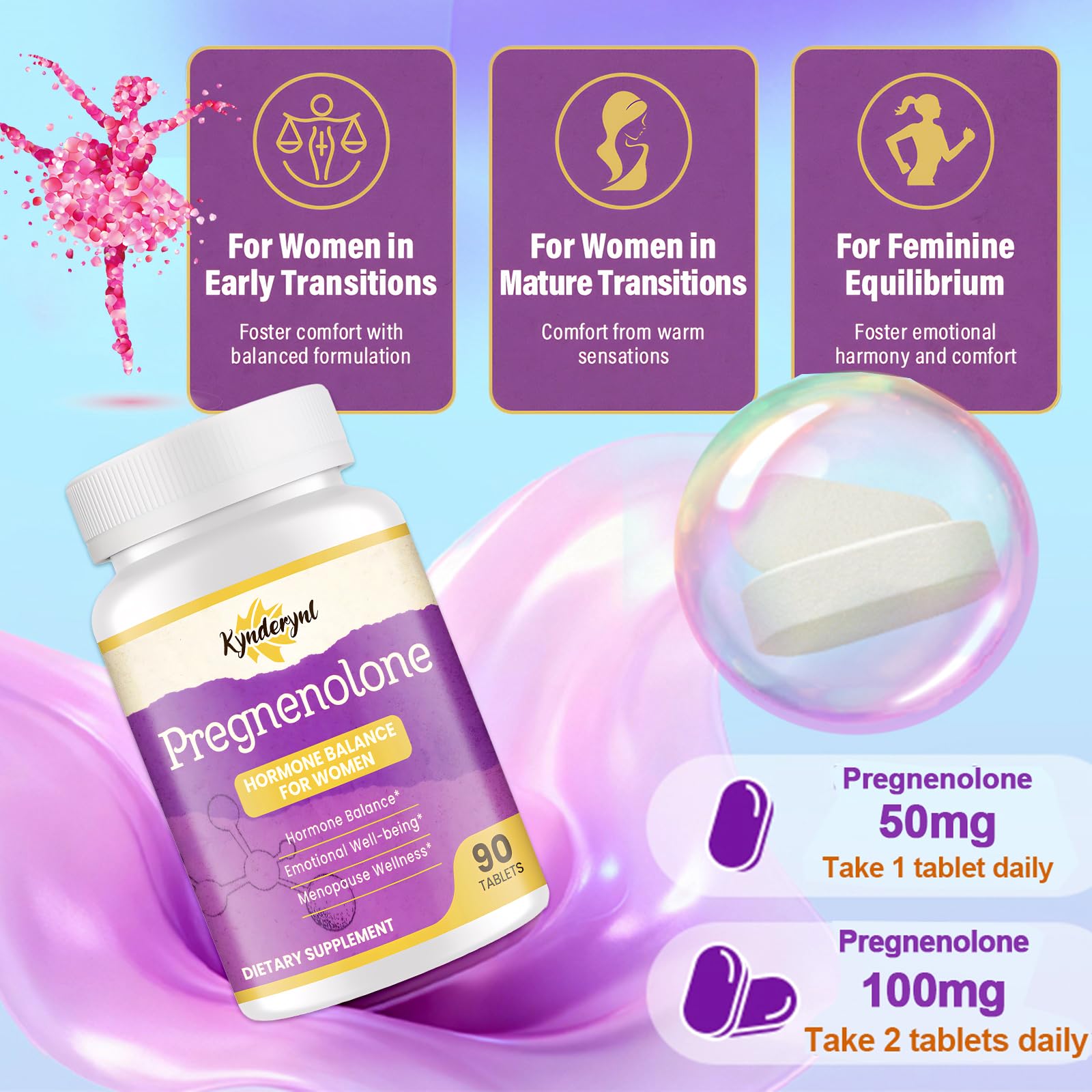 Kynderynl Pregnenolone bottle back label details dosage and ingredients.