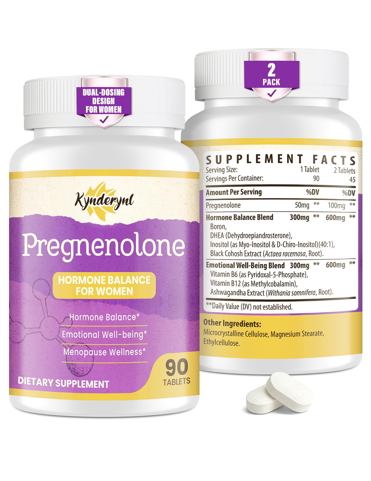 Kynderynl Pregnenolone bottle front view supports daily wellness and balanced energy.