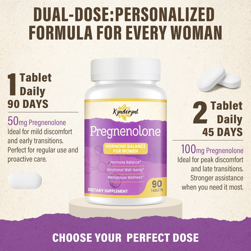Kynderynl Pregnenolone 100mg dose tablets for dual-dosing choice.