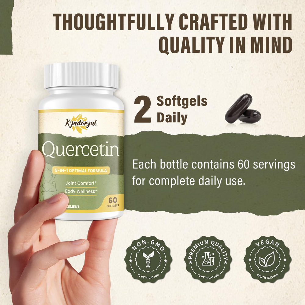 Kynderynl Quercetin softgels on workout gear, supports daily mobility.