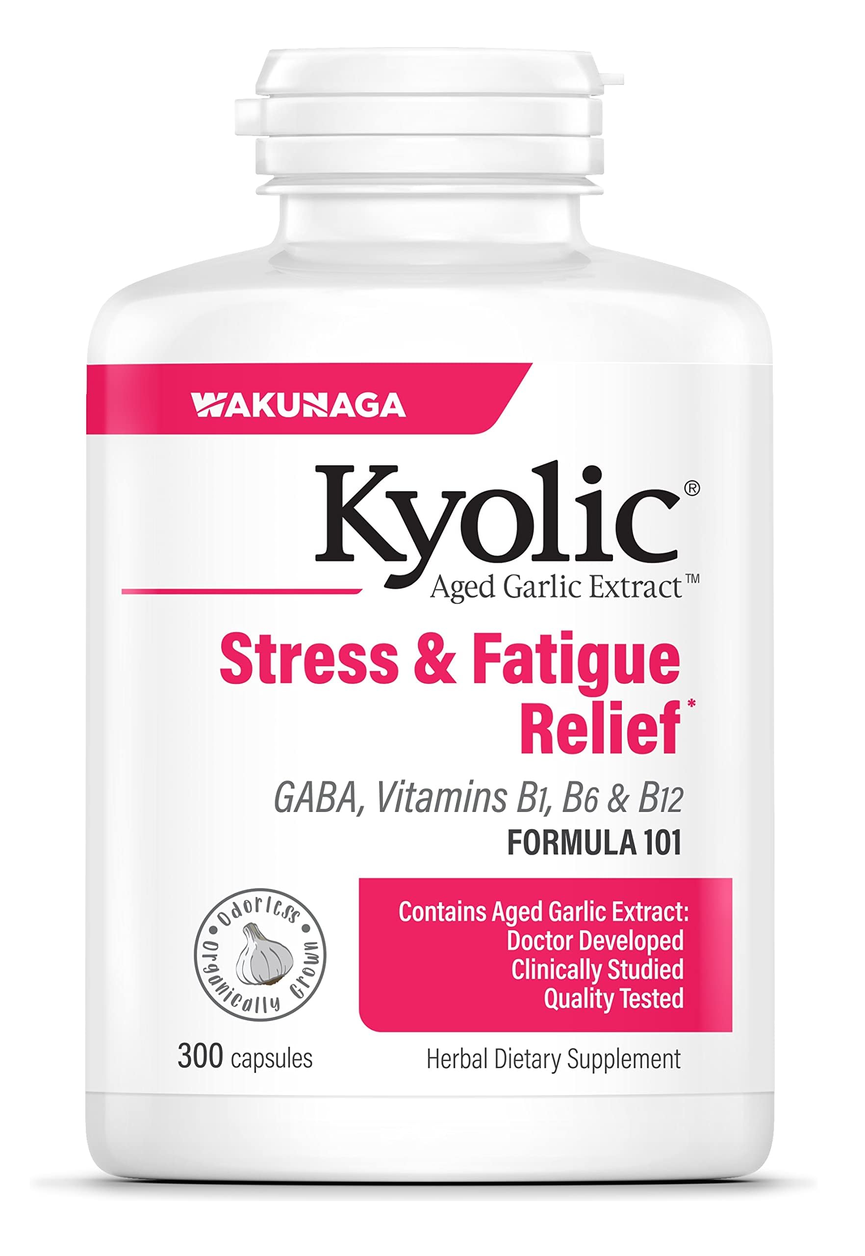 Kyolic 101 bottle front shows odorless garlic for stress support.