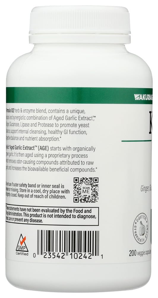 Kyolic 102 bottle back label with ingredients and dosage guidance