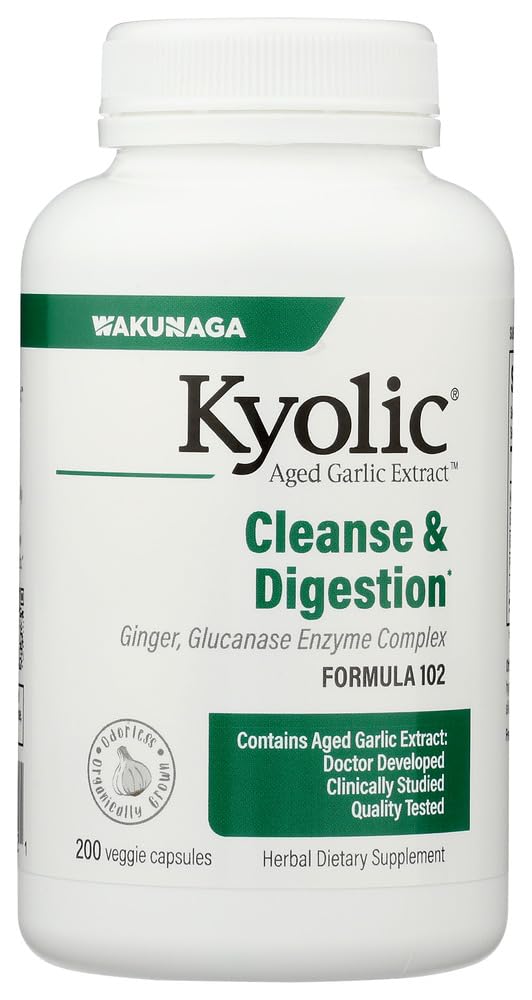 Kyolic 102 bottle front view shows odorless garlic supplement for digestion support