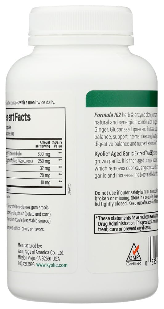 Kyolic 102 capsules close-up showing veggie capsule format and purity