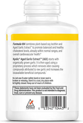 Kyolic 104 garlic bottle back lists dosage and ingredients.