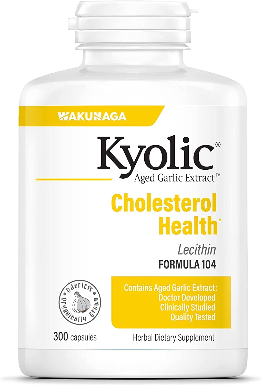 Kyolic 104 capsules close-up shows easy daily capsules.