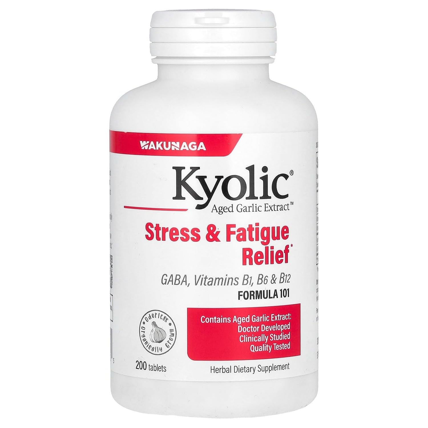 Kyolic Aged Garlic Extract bottle close-up for stress and fatigue support.