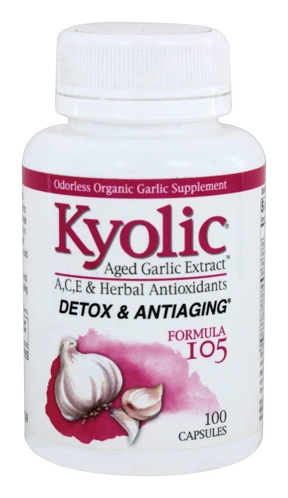 Kyolic Aged Garlic Extract bottle demonstrates detox and anti-aging benefits.