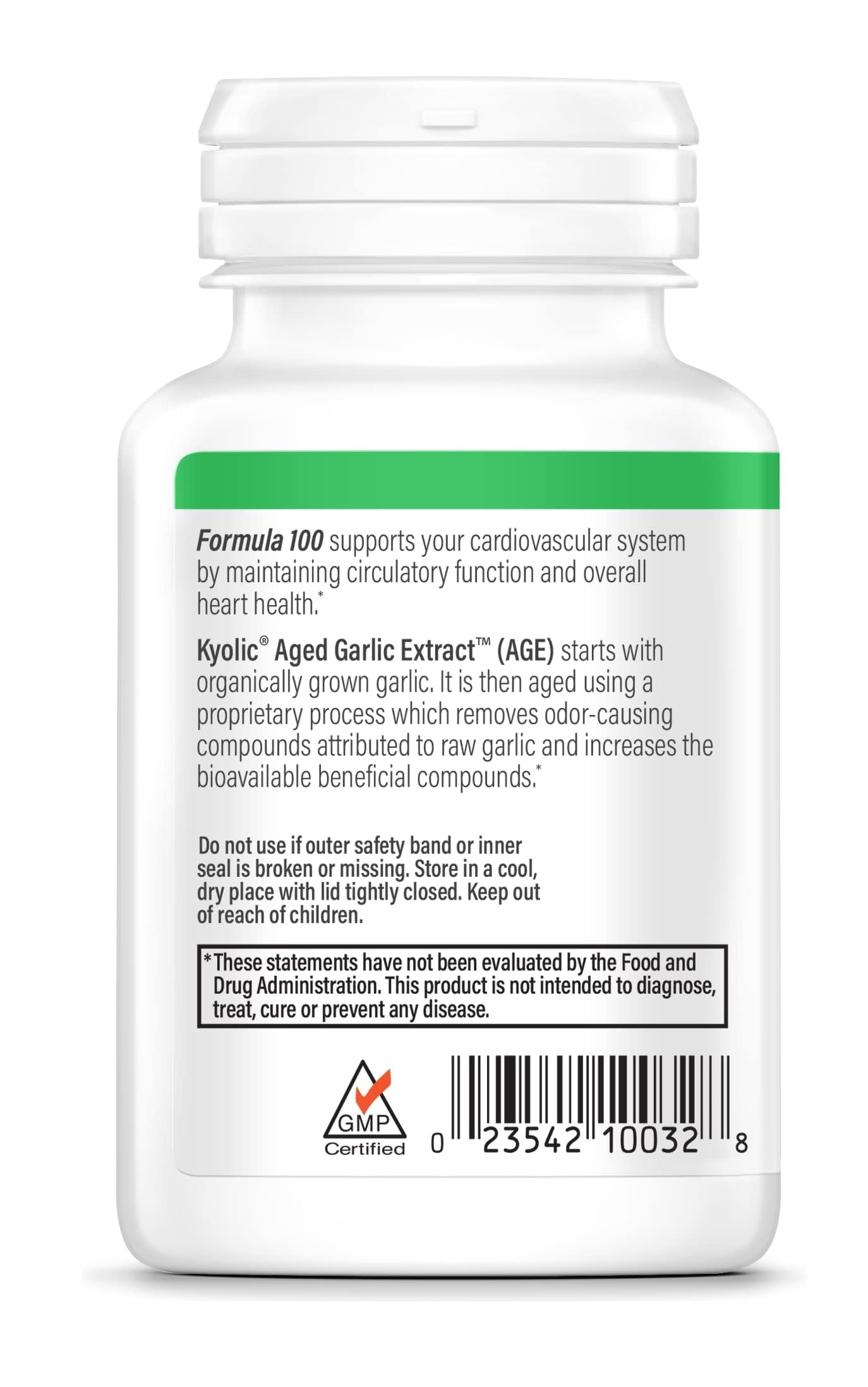 Kyolic Aged Garlic Extract Formula 100 packaging box highlighting organic sourcing.