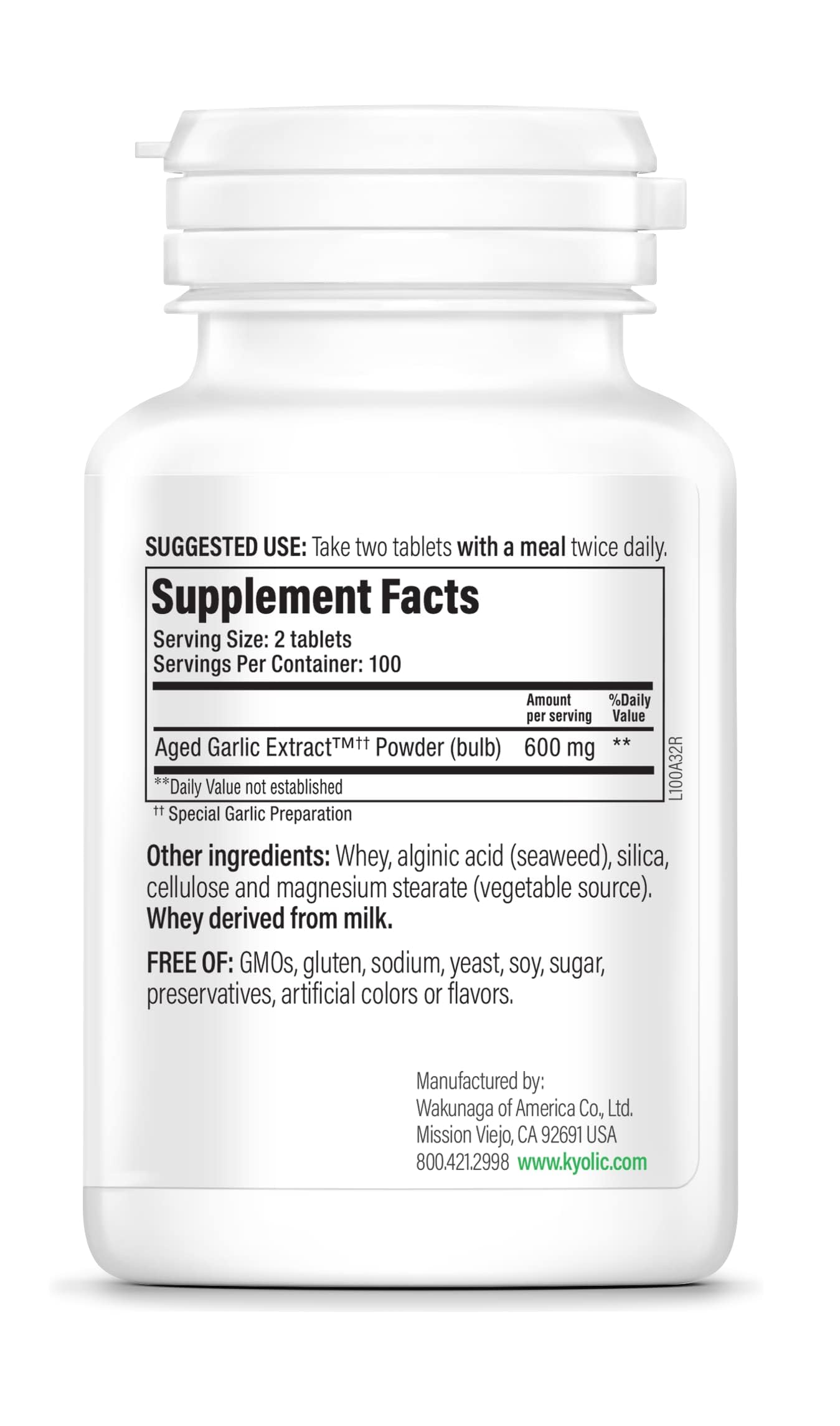 Kyolic Formula 100 tablets close-up highlighting odorless capsules for easy intake.