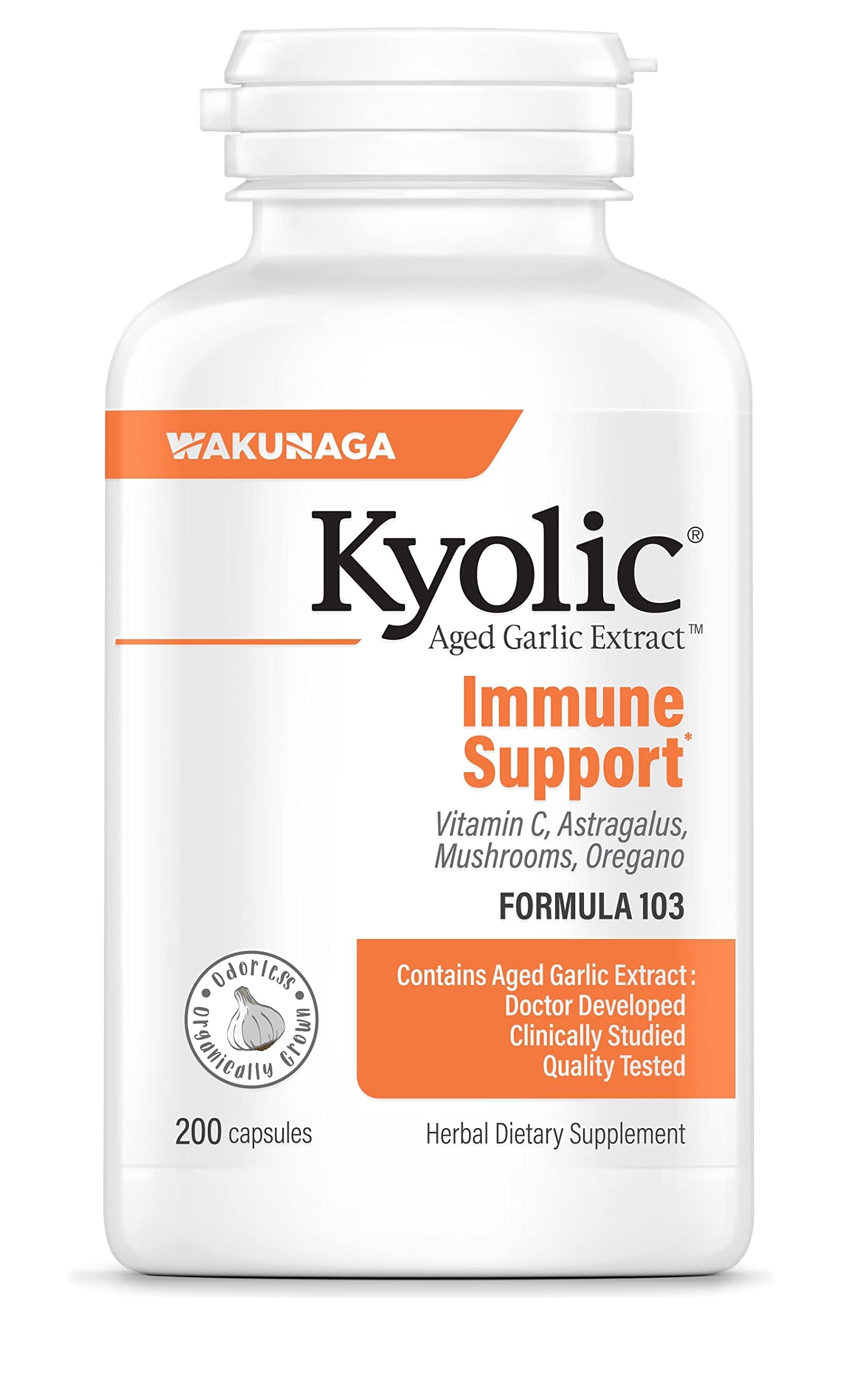 Kyolic Aged Garlic Extract Formula 103 bottle front view shows odorless capsules for immune support