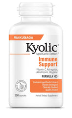 Kyolic Aged Garlic Extract Formula 103 bottle front view shows odorless capsules for immune support