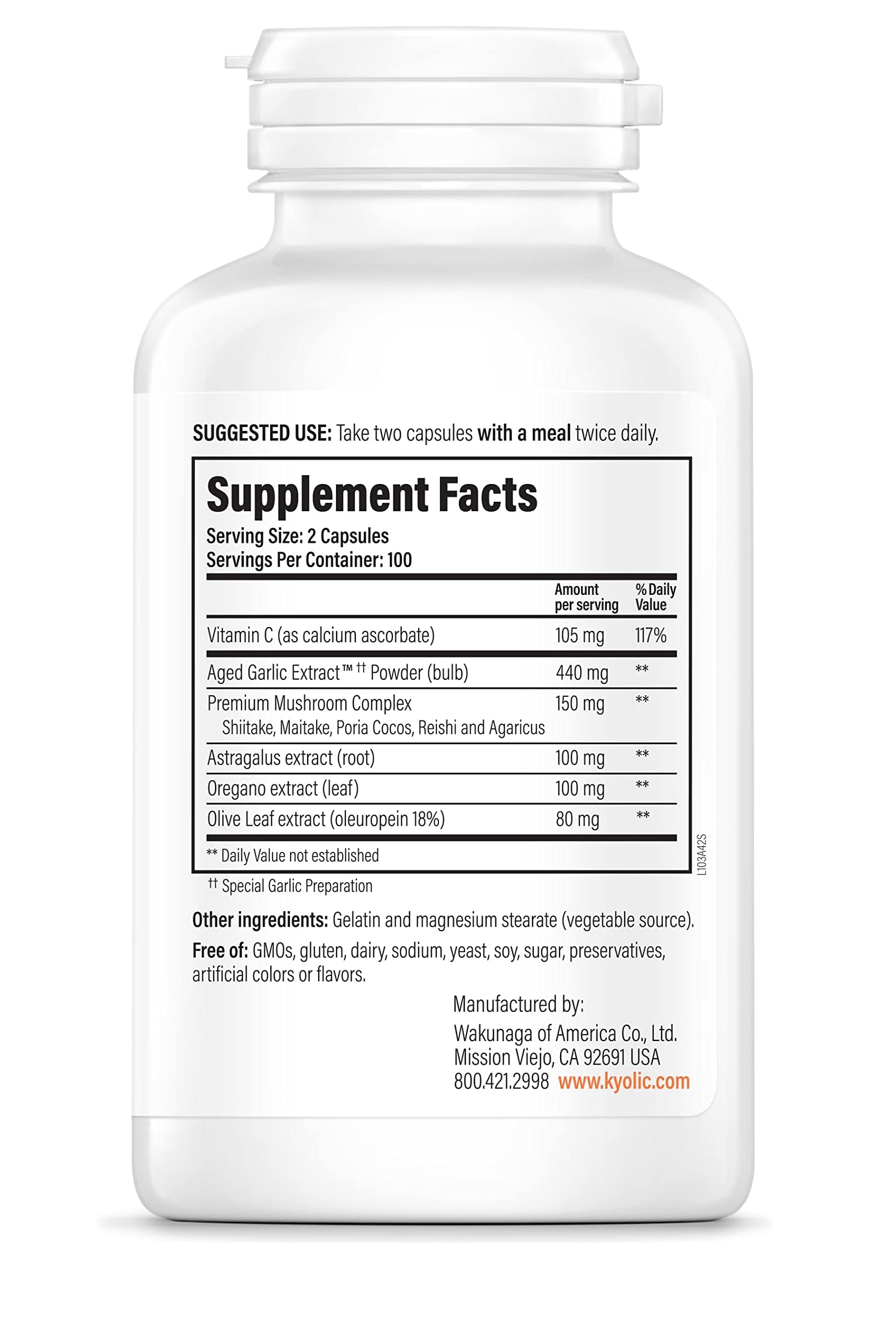 Kyolic Formula 103 bottle side profile highlighting aging process and odorless design