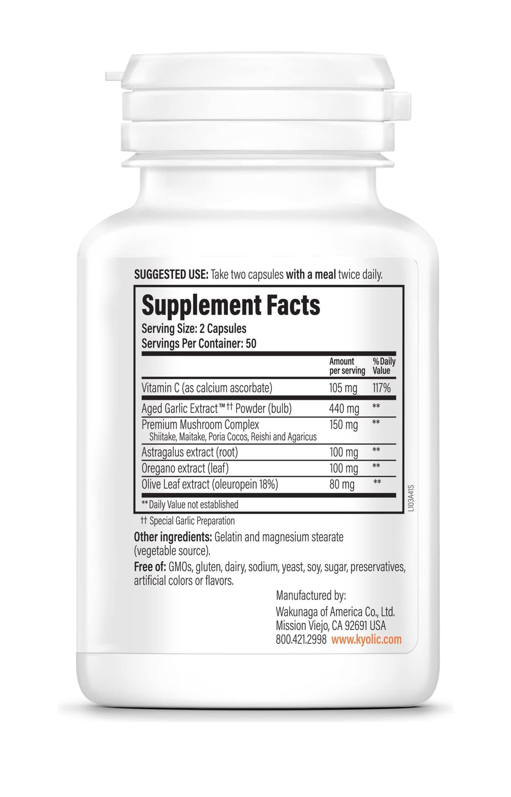 Kyolic Formula 103 capsules close-up highlighting aged garlic and antioxidants