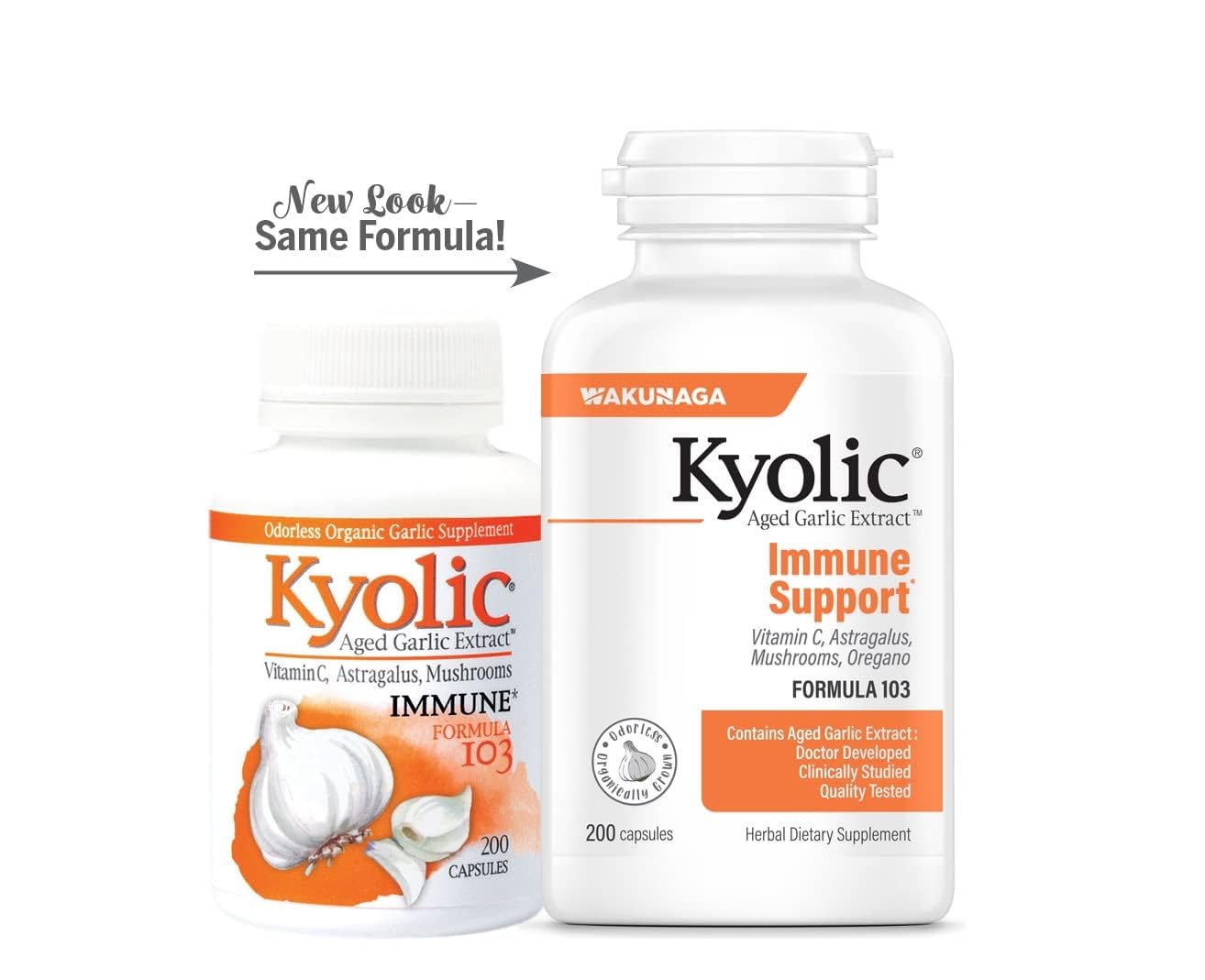 Ingredient panel of Kyolic 103 showing garlic and mushroom complex for holistic support