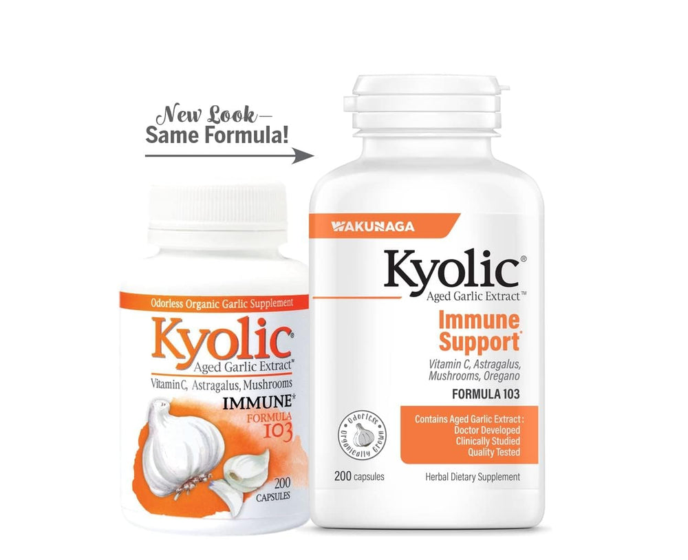 Ingredient panel of Kyolic 103 showing garlic and mushroom complex for holistic support