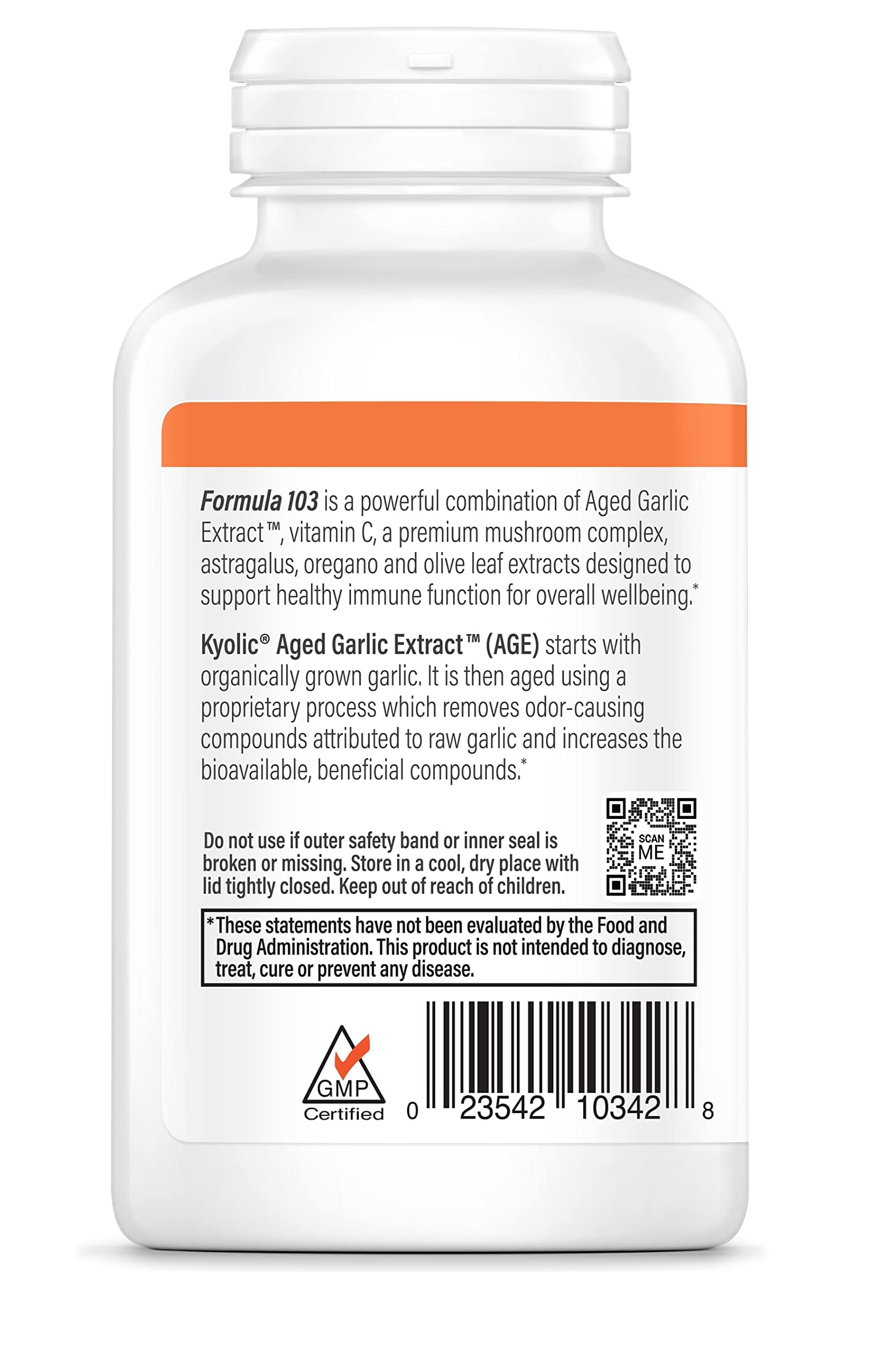 Packaging display of Kyolic Aged Garlic Extract Formula 103 and ingredients