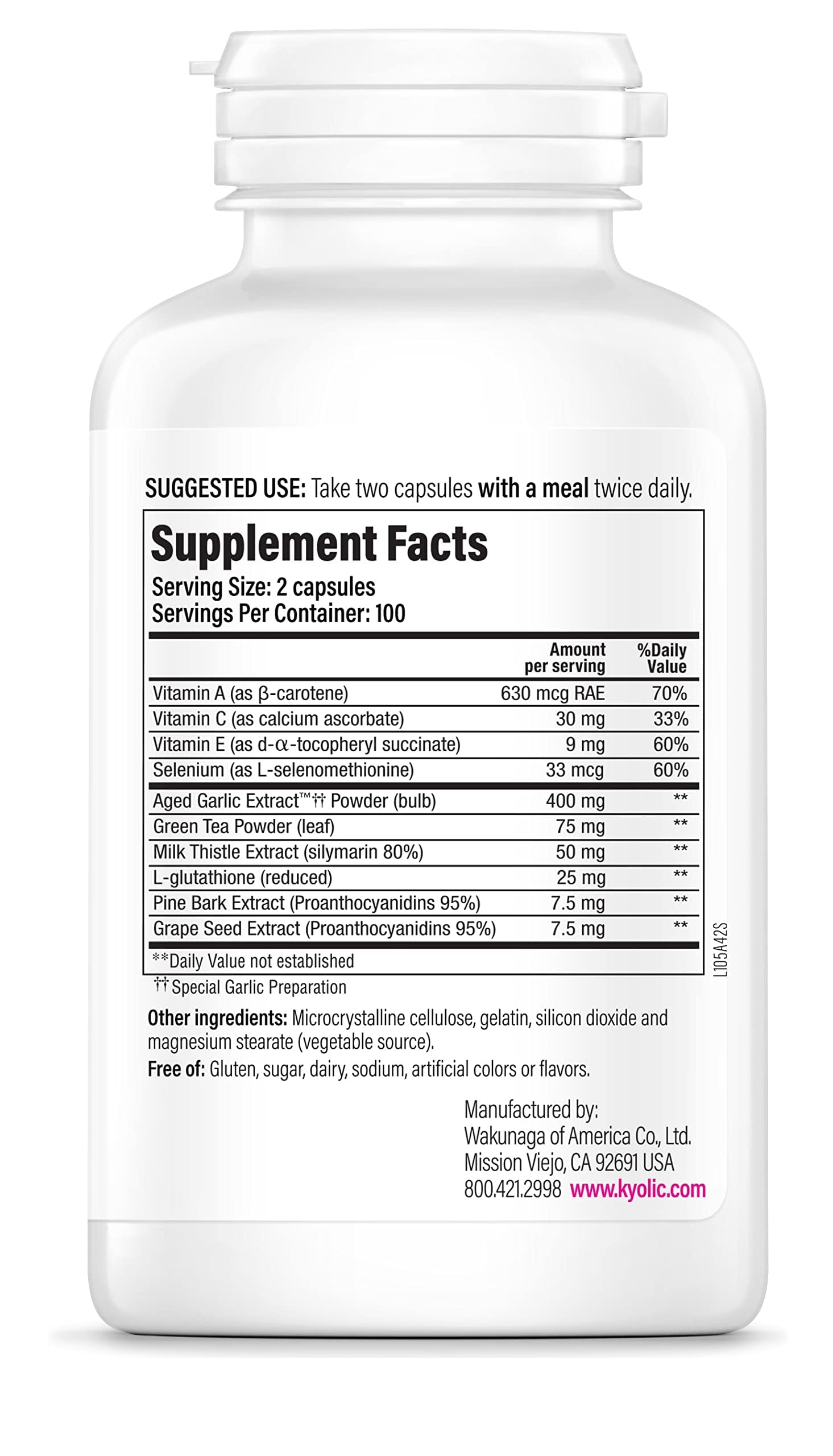 Kyolic Aged Garlic Extract Formula 105 capsules closeup showing convenient daily use.