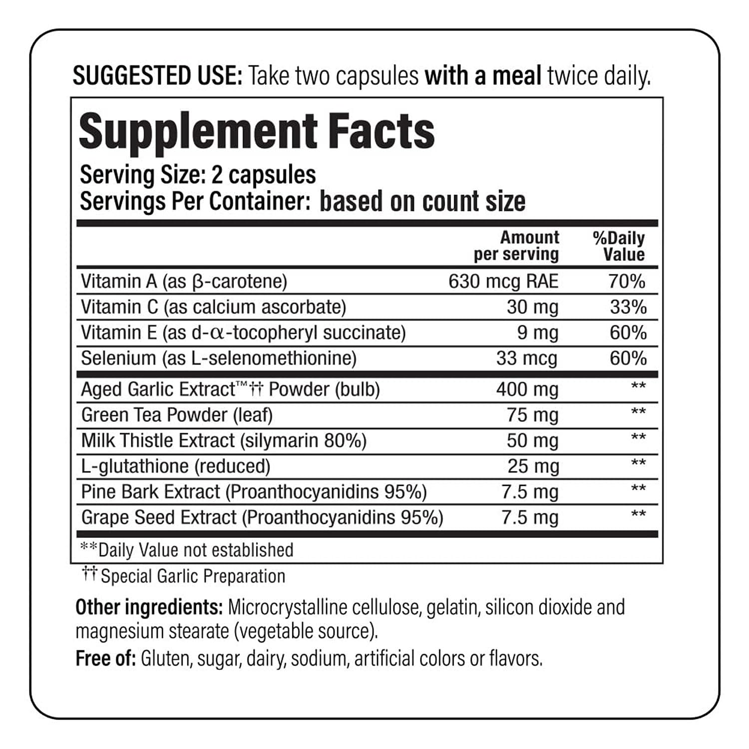 Kyolic Aged Garlic Extract Formula 105 ingredient panel featuring organic garlic and boosters.