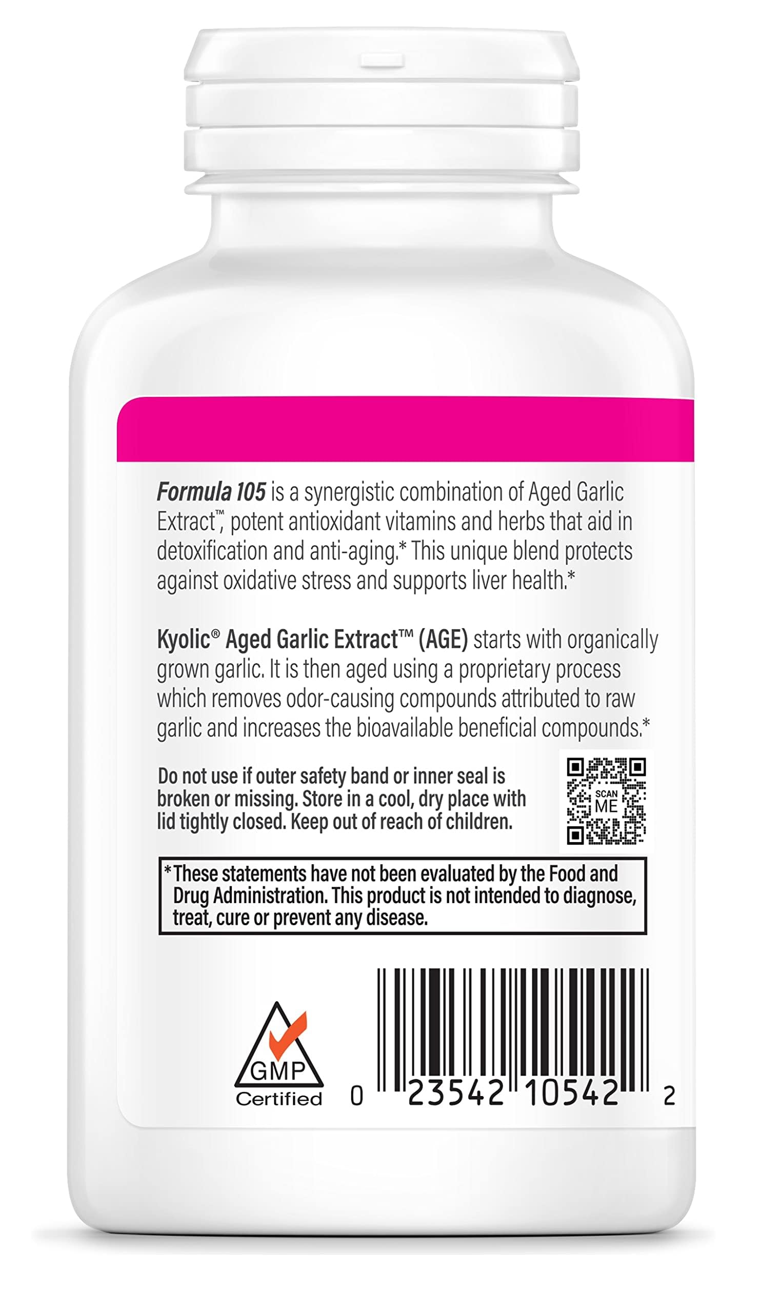 Kyolic Aged Garlic Extract Formula 105 odorless label emphasizes stomach-friendly formulation.