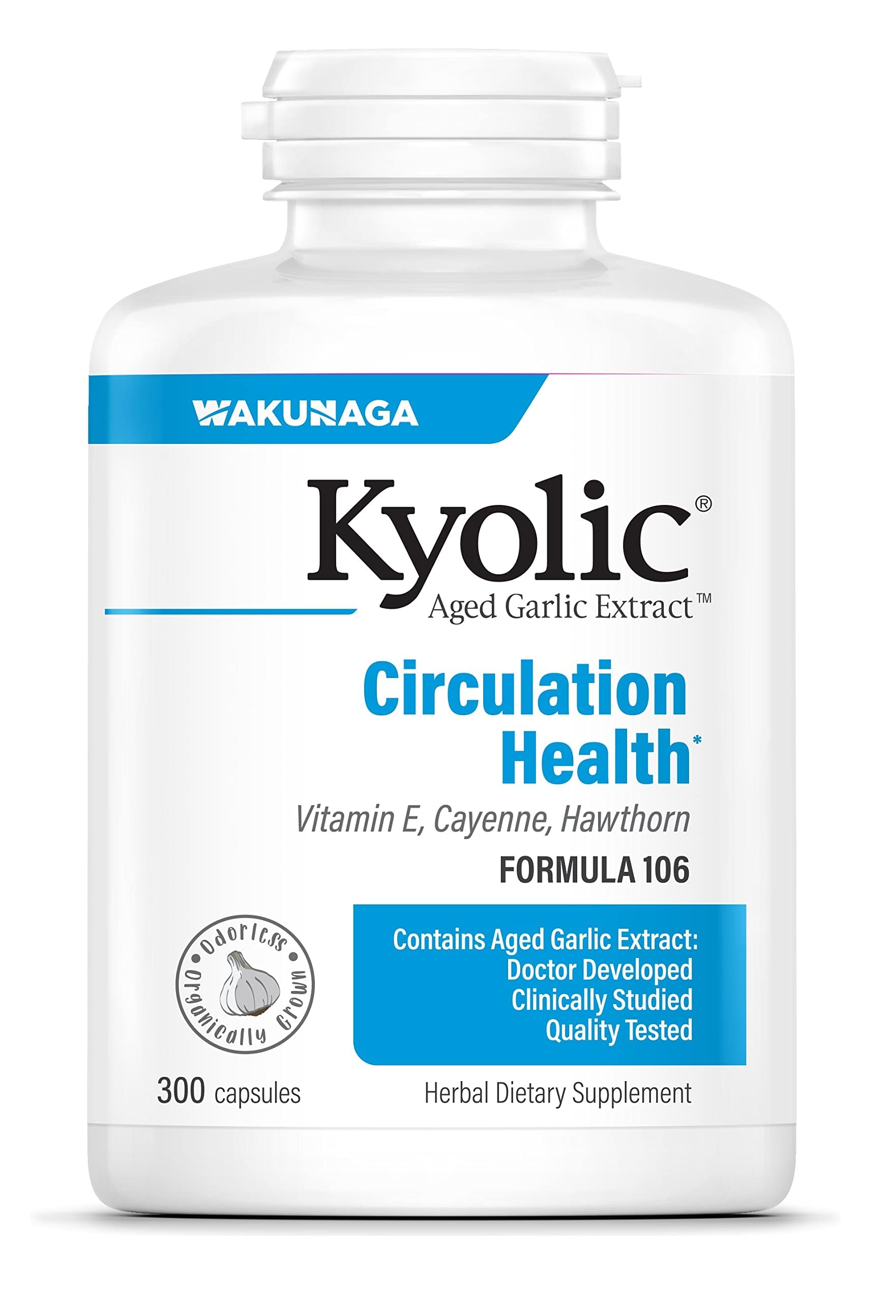 Kyolic Aged Garlic Extract Formula 106 bottle offering odorless circulation support