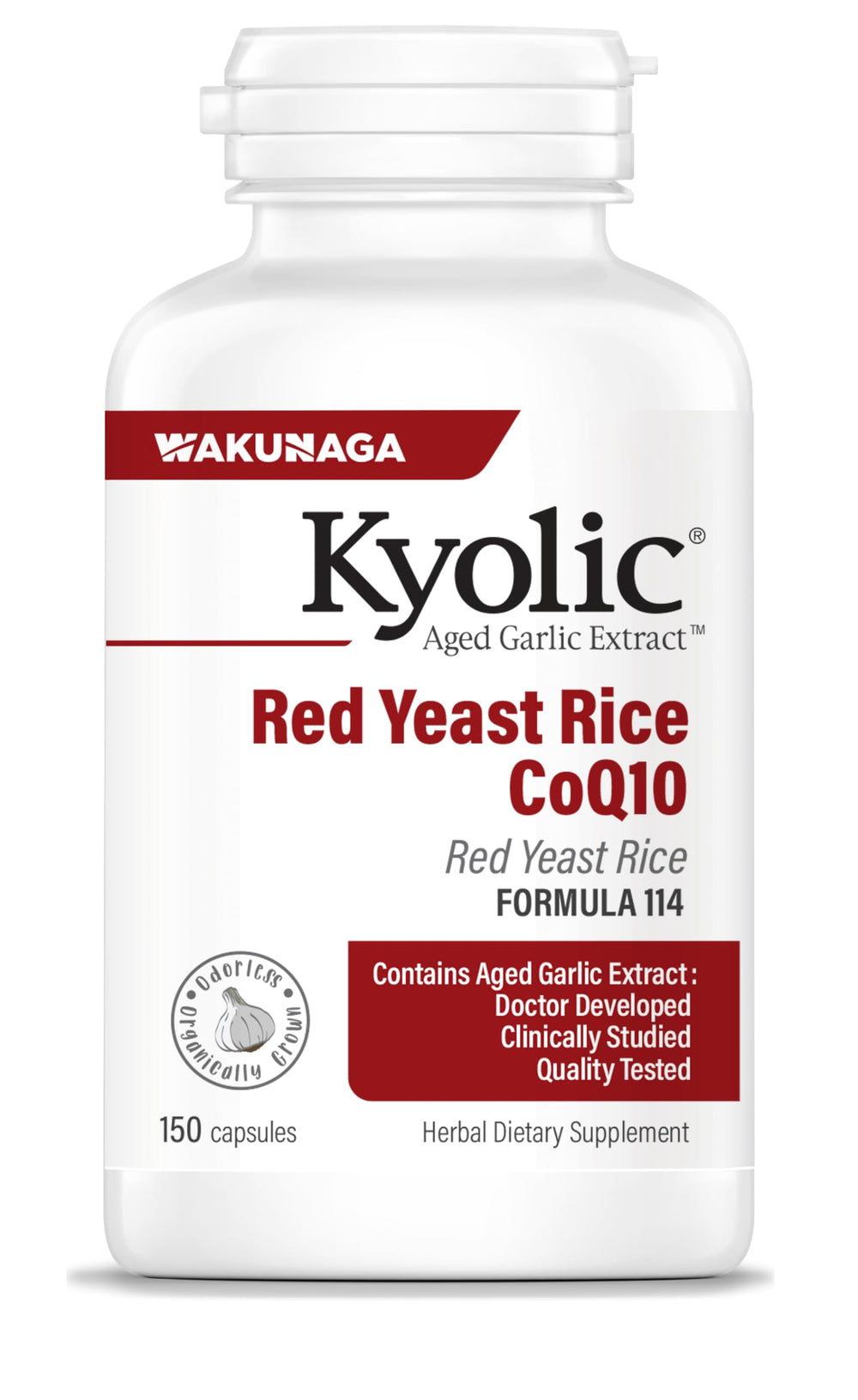 Kyolic Aged Garlic Extract Formula 114 bottle shows odorless capsules for daily use.