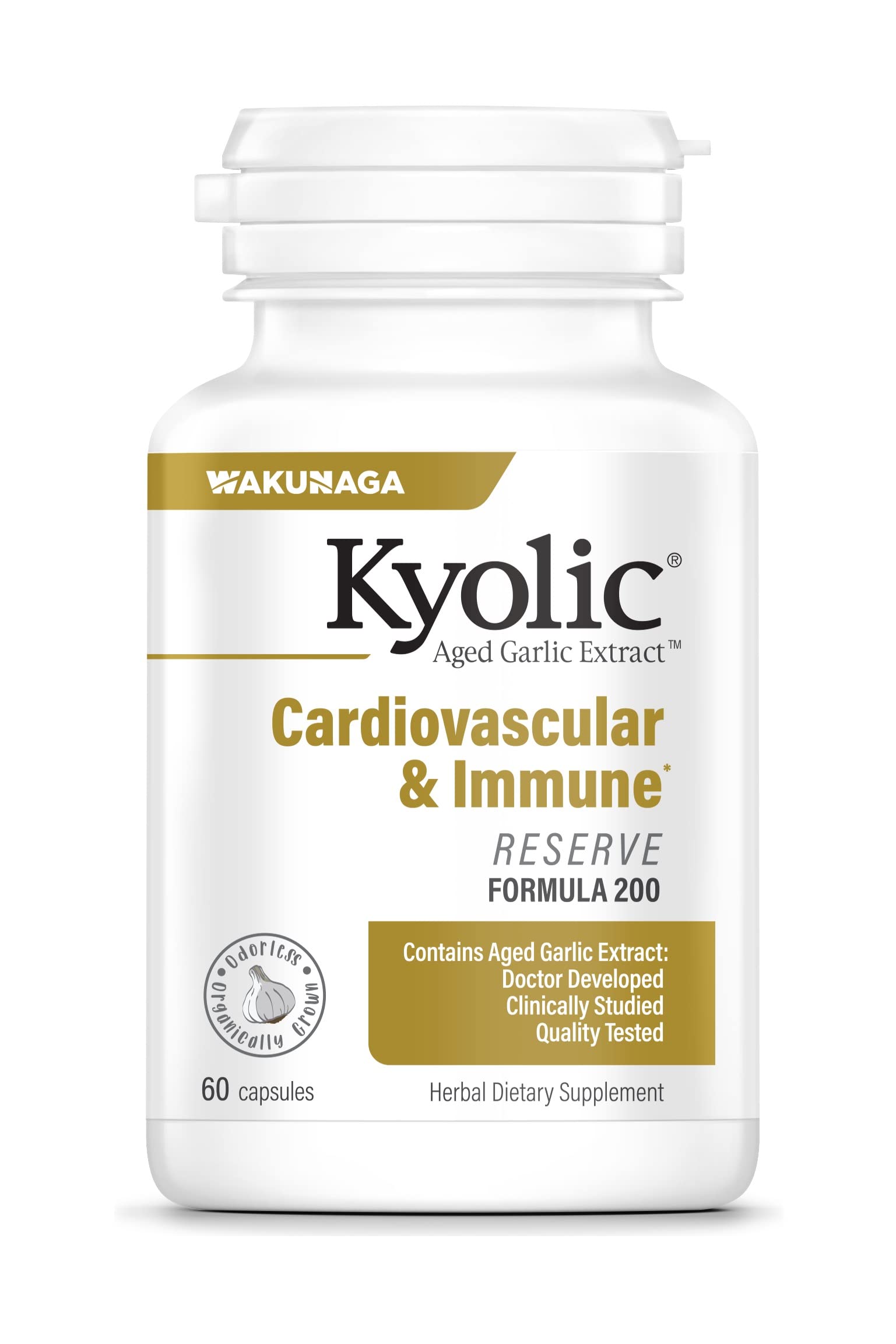 Kyolic Aged Garlic Extract Formula 200 bottle showing cardiovascular and immune support potential.