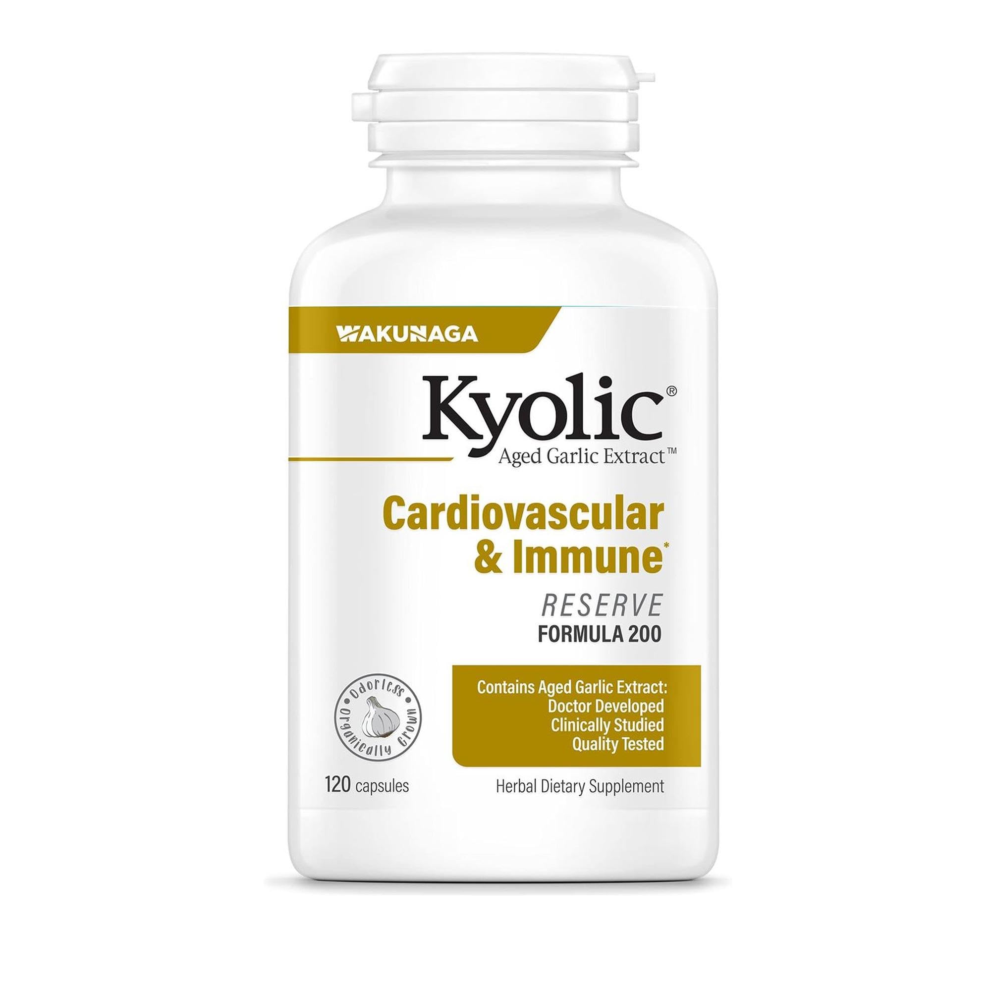 Kyolic aged garlic extract bottle showcasing capsules for heart and immune support.
