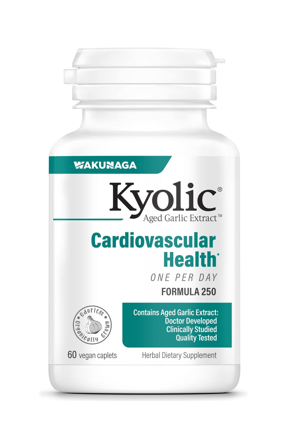 Kyolic Aged Garlic Extract 250 bottle with caplets, highlighting heart health support.
