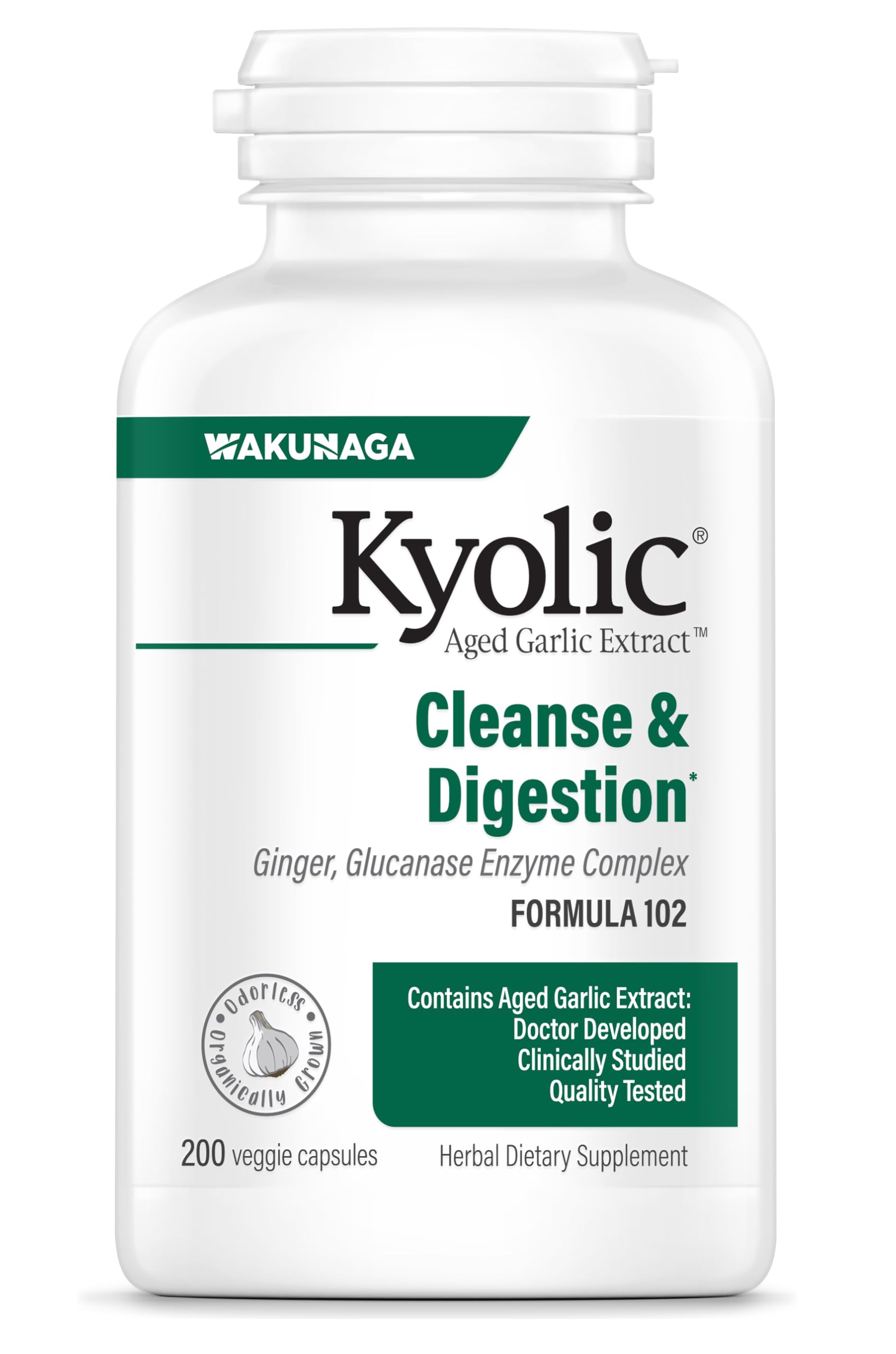 Kyolic Aged Garlic Extract Formula102 bottle shown, a convenient odorless option for daily wellness.