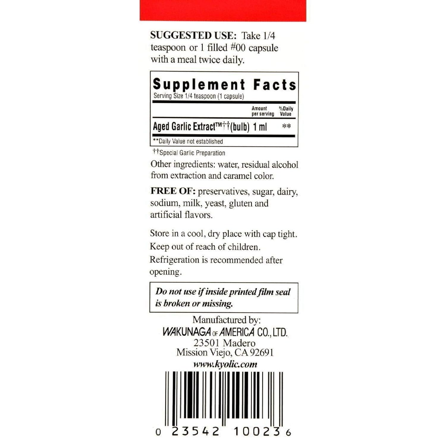 Kyolic Aged Garlic Extract liquid bottle label highlighting organic, odorless formula.